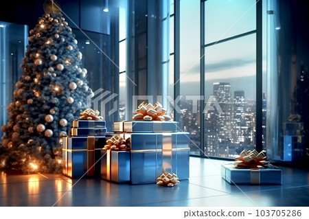 Christmas tree and blue gift boxes with blue bows in interior. Generative AI 103705286