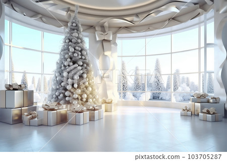 Christmas tree and white gift boxes with bows in white interior. Generative AI 103705287