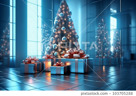 Christmas tree and blue gift boxes with bows in interior. Generative AI 103705288