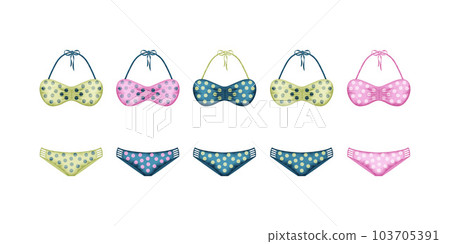 A set of swimwear in polka dots. A separate swimsuit in blue and yellow. Collection of colored swimsuits. Clothes for a beach holiday. Women s clothing. Vector illustration 103705391