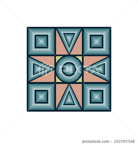 Geometric pattern in a square. Abstract pattern of blue orange and yellow colors. A pattern of squares of circles and triangles, for decoration. Vector illustration Geometric pattern in a square. Abstract pattern of blue orange and yellow colors. A pattern of squares of circles and triangles, for decoration. Vector illustration 103705398