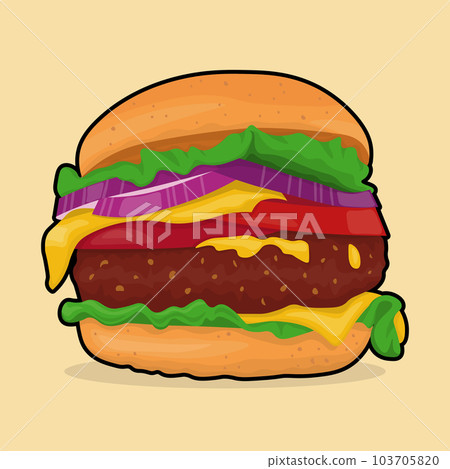 color image of hamburger with tasty beef patty, cheese, red onion, juicy tomatoes and salad 103705820