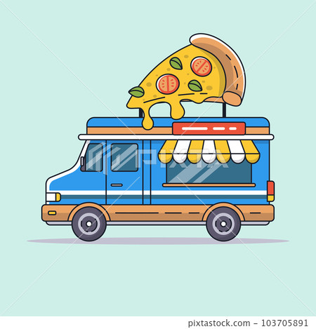 food truck with food blue van sells pizza vector illustration food truck with food blue van sells pizza vector illustration 103705891