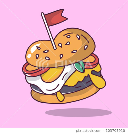 burger with fried egg and mini flag cartoon style illustration vector illustration 103705910
