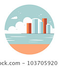 Sea coast and beach. Seagulls in the sky. City on horizon. Round illustration 103705920