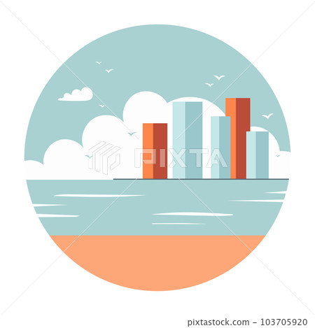 Sea coast and beach. Seagulls in the sky. City on horizon. Round illustration Sea coast and beach. Seagulls in the sky. City on horizon. Round illustration 103705920