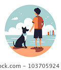 Guy with his pet. Boy and dog spending time together on beach. 103705924