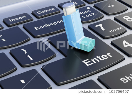 Metered-dose inhaler, MDI on laptop keyboard. 3D rendering 103706407