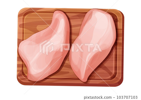 Chicken fillet meat part breast top view on wooden board in cartoon style isolated on white background. Boneless raw ingredient 103707103