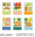 Set of cute hand drawn cartoon lunch boxes vector illustration. Lunch and Bento Boxes for kids at school. Packed meal for office. Takeaway foods in containers. Food delivery packaging 103707131