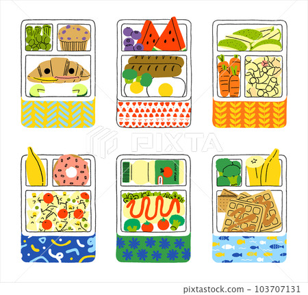 Set of cute hand drawn cartoon lunch boxes vector illustration. Lunch and Bento Boxes for kids at school. Packed meal for office. Takeaway foods in containers. Food delivery packaging 103707131