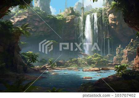 Waterfall ruin photo realistic illustration - Generative AI. 103707402