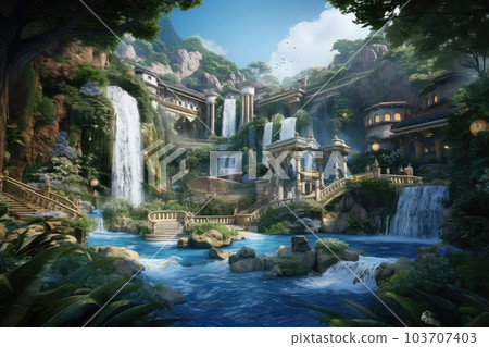 Waterfall ruin photo realistic illustration - Generative AI. 103707403