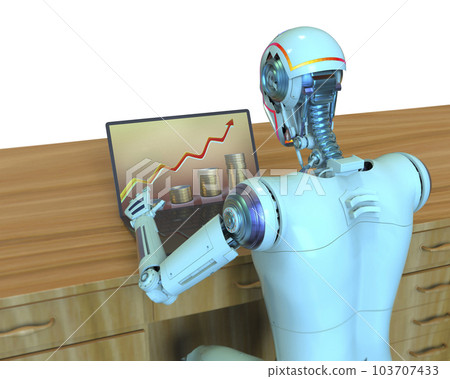 A humanoid robot working with laptop studying economy chart, conceptual 3D illustration A humanoid robot working with laptop studying economy chart, conceptual 3D illustration 103707433