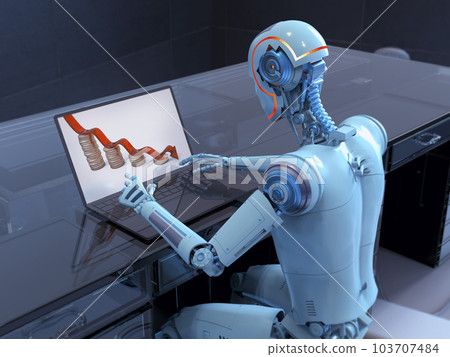A humanoid robot working with laptop studying economy chart, conceptual 3D illustration A humanoid robot working with laptop studying economy chart, conceptual 3D illustration 103707484
