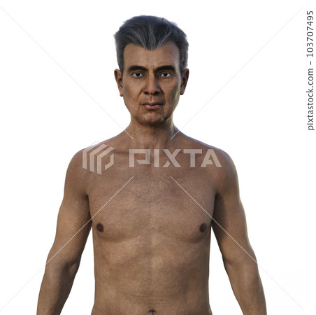 A 3D photorealistic illustration featuring the upper half part of an elderly Indian man A 3D photorealistic illustration featuring the upper half part of an elderly Indian man 103707495
