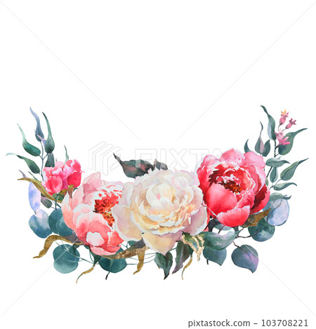 Pink and white flowers peonies watercolor and eucaliptus leaves, floral clip art. Bouquet perfectly for printing design on invitations, cards, wall art and other. Isolated on white background. 103708221