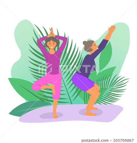 Senior women doing yoga. Old ladies makes morning yoga or breathing exercises. Isolated vector illustration. Mental health concept 103709867
