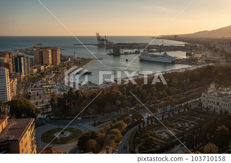 aerial view of city port, park, harbor and downtown of Malaga, Andalusia, Spain 103710158