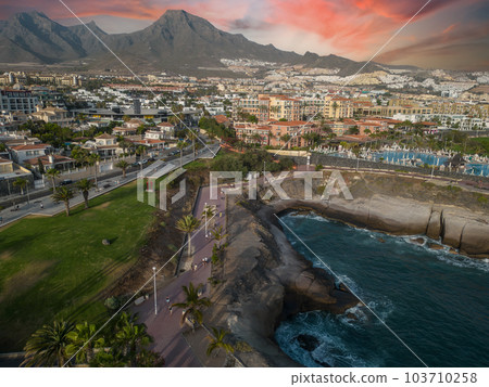 aerial view of Costa Adeje hotels and resorts, beach and ocean, pool of villa 103710258