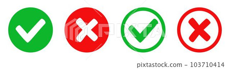 Set of round icons with check marks and red cross for apps and web, flat design vector illustrations Set of round icons with check marks and red cross for apps and web, flat design vector illustrations 103710414