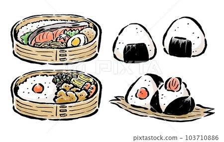 Salmon bento box, fried chicken bento box, and rice ball brush-touch illustration set 103710886
