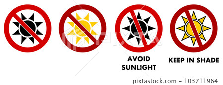 Avoid sunlight  / Keep in shade sign. Sun icon with red crossed circle. Avoid sunlight  / Keep in shade sign. Sun icon with red crossed circle. 103711964