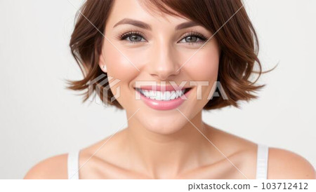 Portrait beautiful brunette model woman with white teeth smile, healthy long hair and beauty skin on light background. Concept of advertising dentist and facial care. Generative AI 103712412