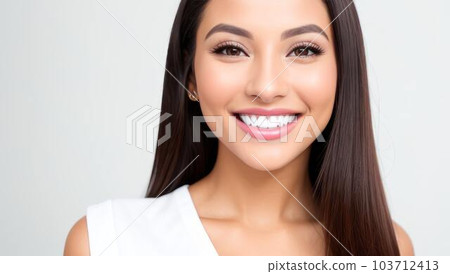 Portrait beautiful brunette model woman with white teeth smile, healthy long hair and beauty skin on light background. Concept of advertising dentist and facial care. Generative AI 103712413