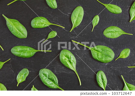 Corn salad ( Valerianella locusta ) leaves arranged in pattern over black slate like board - overhead shot. Healthy green leaf food concept. Corn salad ( Valerianella locusta ) leaves arranged in pattern over black slate like board - overhead shot. Healthy green leaf food concept. 103712647