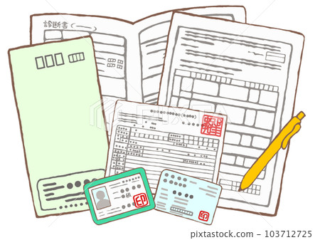 Illustration of an application form for independence support medical care, a mental disability notebook, a medical certificate, a health insurance card, and a recipient certificate 103712725