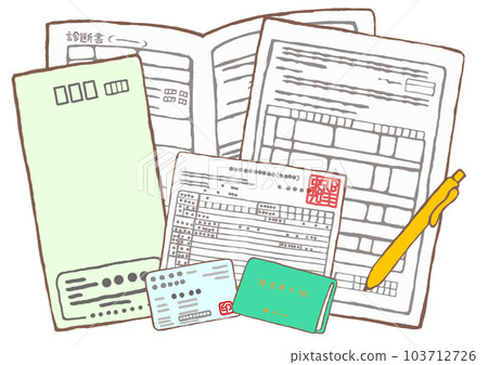 Illustration of an application form for independence support medical care, a mental disability notebook, a medical certificate, a health insurance card, and a recipient certificate 103712726