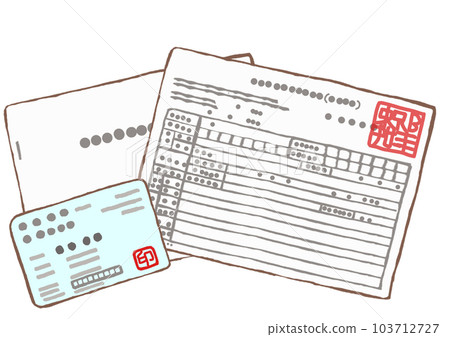 Illustration of self-reliance support medical care beneficiary certificate for mental hospital medical care, upper limit amount control card and health insurance card 103712727