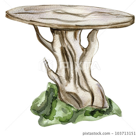 Wooden table with grass for fairy. Watercolor hand drawn illustration . Perfect for greeting card, poster, wedding invitation, party decor. Wooden table with grass for fairy. Watercolor hand drawn illustration . Perfect for greeting card, poster, wedding invitation, party decor. 103713151