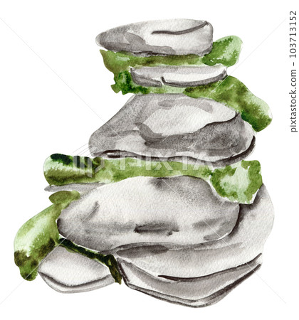 Stone stairs with grass for fairy. Watercolor hand drawn illustration . Perfect for greeting card, poster, wedding invitation, party decor. 103713152
