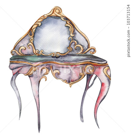 Wooden dresser for fairy. Watercolor hand drawn illustration . Perfect for greeting card, poster, wedding invitation, party decor. Wooden dresser for fairy. Watercolor hand drawn illustration . Perfect for greeting card, poster, wedding invitation, party decor. 103713154