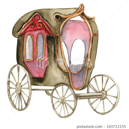 Magic coach for fairy. Watercolor hand drawn illustration . Perfect for greeting card, poster, wedding invitation, party decor. Magic coach for fairy. Watercolor hand drawn illustration . Perfect for greeting card, poster, wedding invitation, party decor. 103713155