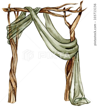 Woven branch arch with green fabric on it for fairy. Watercolor hand drawn illustration . Perfect for greeting card, poster, wedding invitation, party decor. Woven branch arch with green fabric on it for fairy. Watercolor hand drawn illustration . Perfect for greeting card, poster, wedding invitation, party decor. 103713156