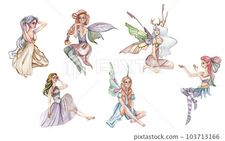 Forest fairy girl with magic wings set. Watercolor hand drawn fairy tale illustration. Perfect for greeting card, poster, wedding invitation, party decor 103713166