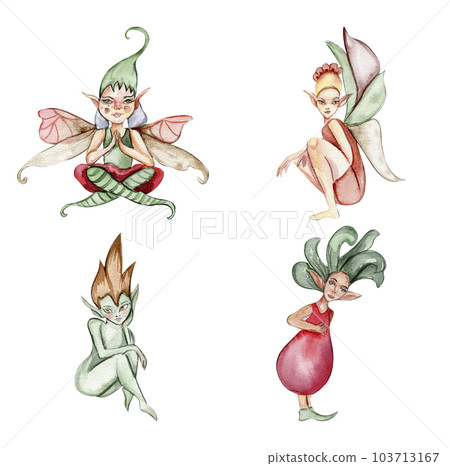 Forest elf with magic wings set . Watercolor hand drawn fairy tale illustration. Perfect for greeting card, poster, wedding invitation, party decor Forest elf with magic wings set . Watercolor hand drawn fairy tale illustration. Perfect for greeting card, poster, wedding invitation, party decor 103713167