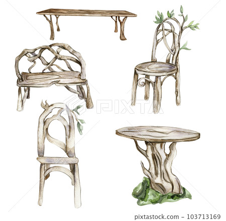 Wooden table, bench and chair for fairy. Watercolor hand drawn illustration . Perfect for greeting card, poster, wedding invitation, party decor. Wooden table, bench and chair for fairy. Watercolor hand drawn illustration . Perfect for greeting card, poster, wedding invitation, party decor. 103713169