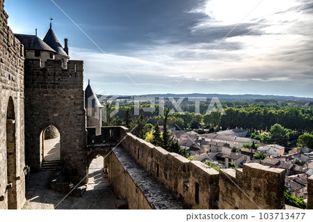 Spectacular Ancient Fortress Of Medieval City Carcassonne In Occitania, France Spectacular Ancient Fortress Of Medieval City Carcassonne In Occitania, France 103713477