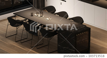 Corner of panoramic minimalist luxury kitchen with black marble island, wooden hardwood floor, white cupboards and bar with stools. Night lighting. 3d rendering. High quality 3d illustration 103713518