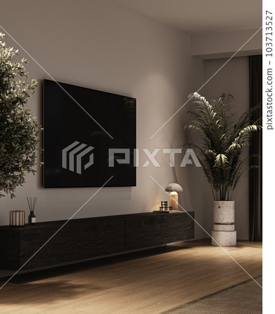 Modern grey luxury minimalist interior livingroom with night lighting, evening illuminated and palm trees. TV wall mockup. 3d rendering. High quality 3d illustration 103713527