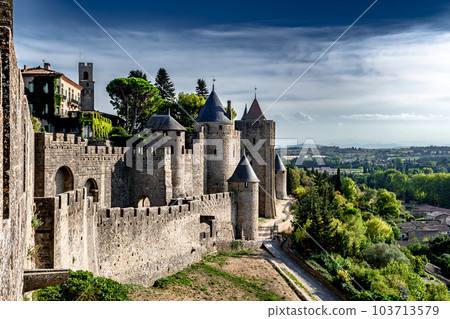 Spectacular Ancient Fortress Of Medieval City Carcassonne In Occitania, France 103713579