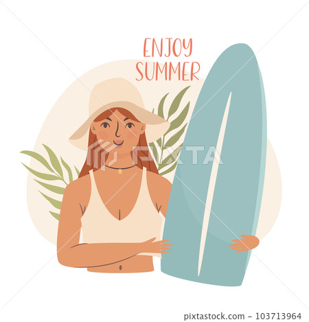 Enjoy summer. Time to surf. Woman holding surfboard. Vector Enjoy summer. Time to surf. Woman holding surfboard. Vector 103713964