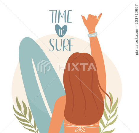 Time to surf. Woman holding surfboard. Vector illustration 103713997