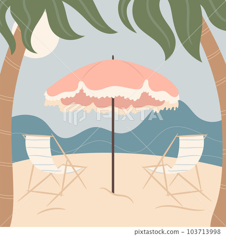 Summer beach days. Sun beds and umbrella on the beach. Vector illustration 103713998