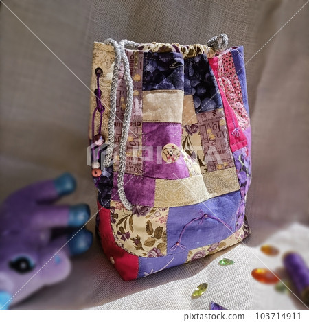 Patchwork art, drawstring bag, handmade textile design, sustainable art, unicorn toy 103714911