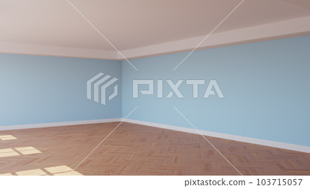 Corner of the Sunlit Room with Light Blue Walls, a White Ceiling and Cornice, Glossy Herringbone Parquet Floor, and a White Plinth. Unfurnished Room Concept. 3D render, 8K Ultra HD, 7680x4320, 300 dpi 103715057